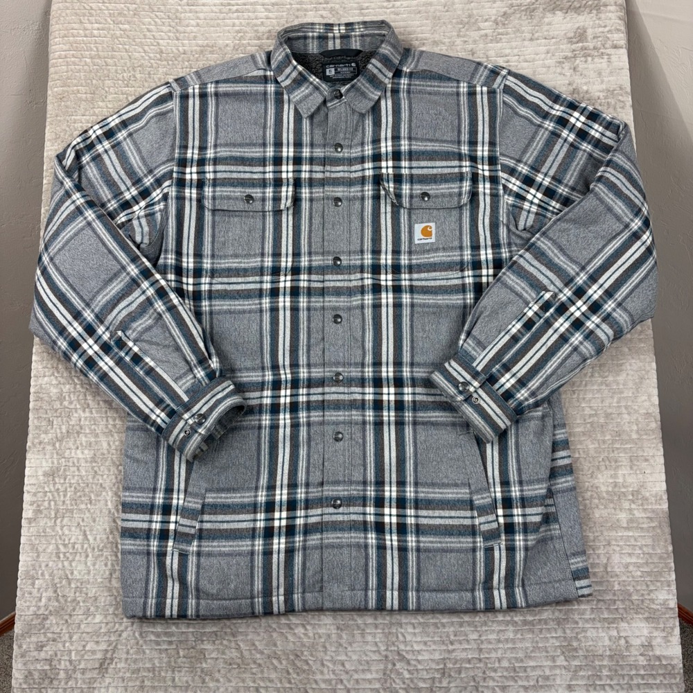 Carhartt Mens XL Tall Relaxed Fit Sherpa Lined Flannel Shirt Jacket Grey Plaid